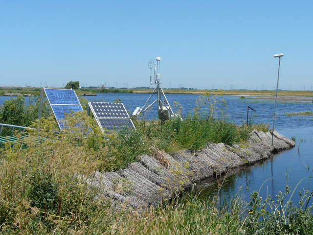 Solar panels and tripod tower is surrounded by weeds. The safflower bales are eroding.