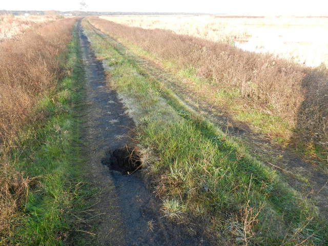 Hole in levee road to tower.