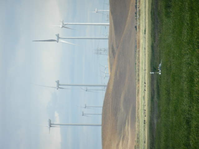 Our tower is dwarfed by the wind turbines in the background