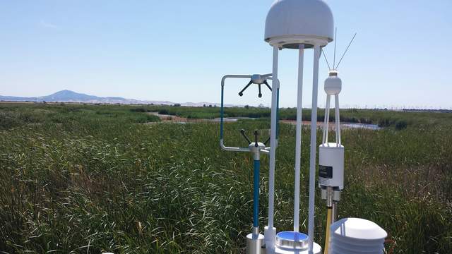 Eddy sensors on the East End Open water temporary tower, with Mt. Diablo in the background