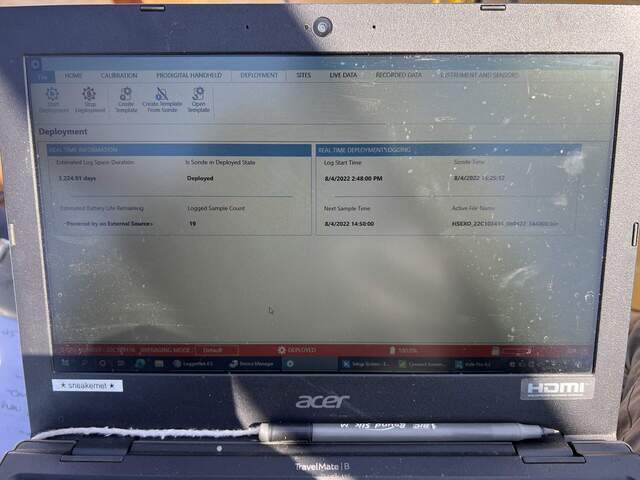 EXO screenshot showing full battery and suspicious "Next sample time." Sonde time is 15:25 so the next sample time should be 15:26. However, "Next Sample Time" is stuck on "8/4/2022 14:50:00" which is the first sample time of the deployment. 