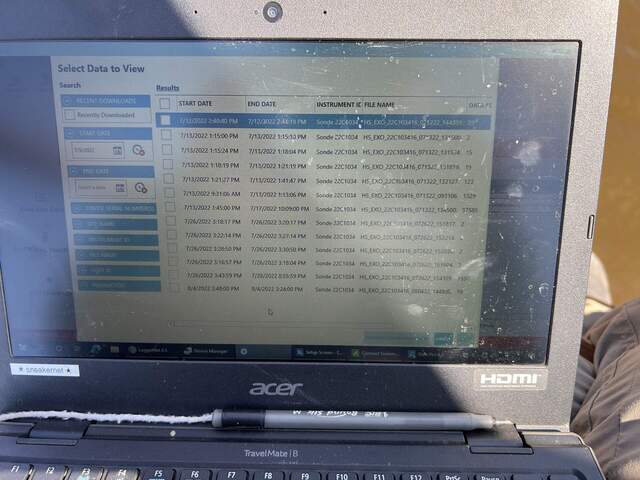 EXO screenshot from checking the EXO before we left. Second-to-last line shows the most recent field file only had 2 days of data from 2022-07-26 to 2022-07-28 8:55:59. Last line shows data collected since redeployment earlier today.