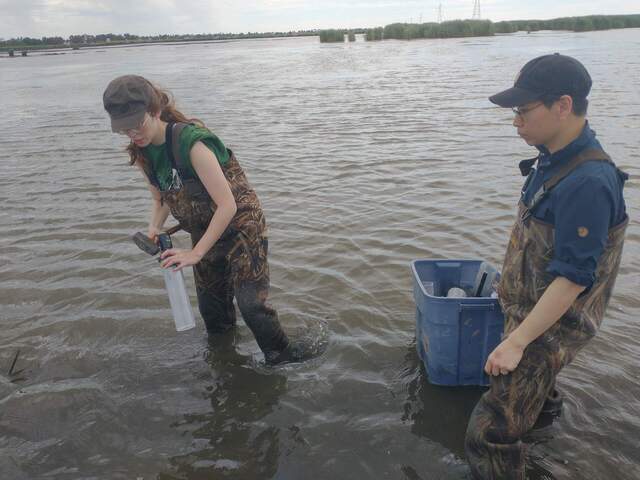 Irene and Koong preparing to sample over standing water