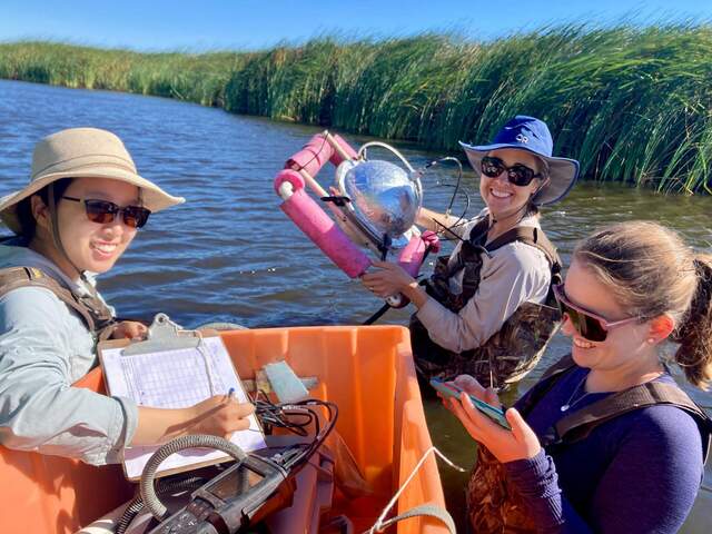 Daphne, Kyle, and Hannah sampling B1 at Mayberry for CH4 fluxes