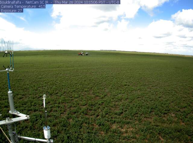 Tractor spraying the alfalfa field