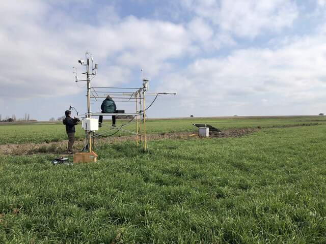 Arman and Dennis on site in the wheat field. The new LI-720 is installed on the northwestern scaffolding post.