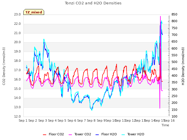 plot of Tonzi CO2 and H2O Densities