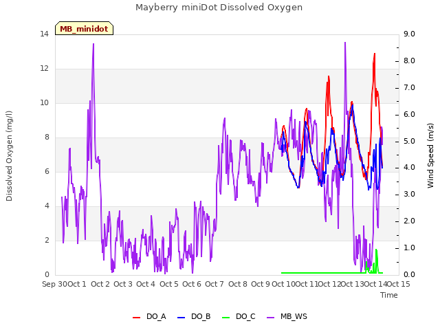 plot of Mayberry miniDot Dissolved Oxygen