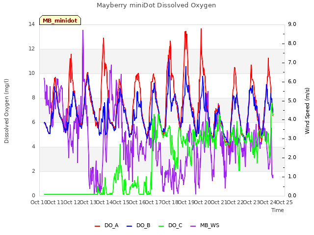plot of Mayberry miniDot Dissolved Oxygen