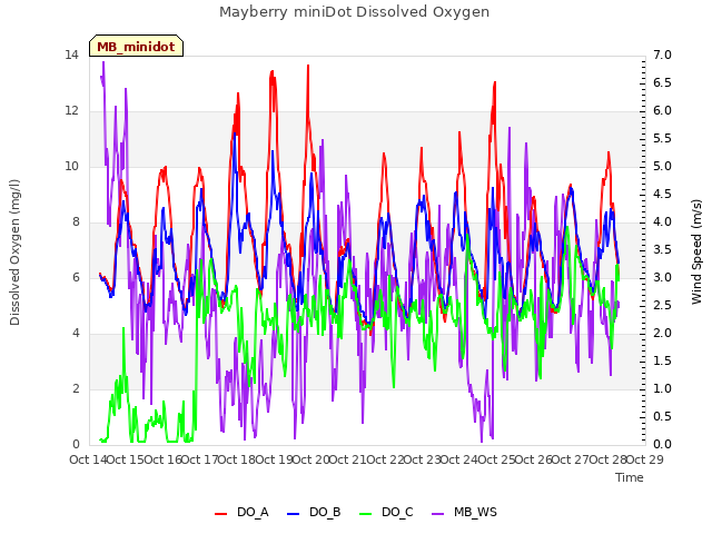 plot of Mayberry miniDot Dissolved Oxygen