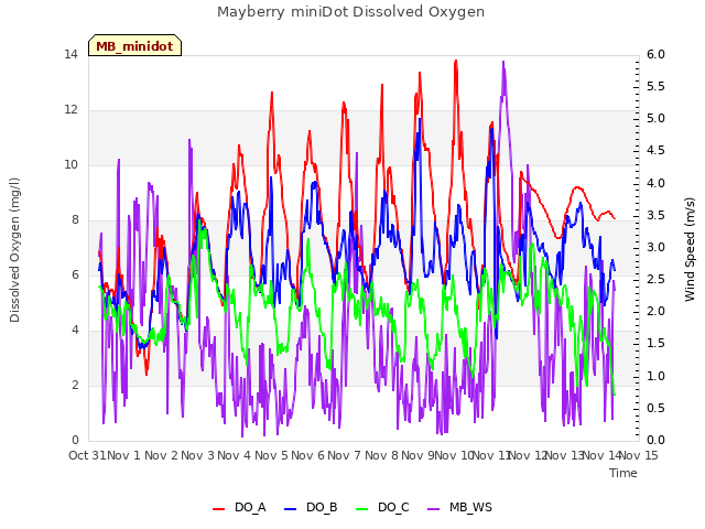 plot of Mayberry miniDot Dissolved Oxygen