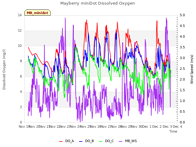 plot of Mayberry miniDot Dissolved Oxygen