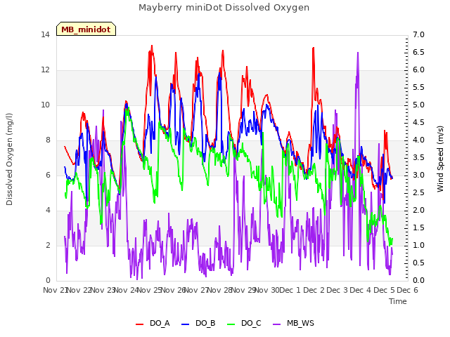 plot of Mayberry miniDot Dissolved Oxygen