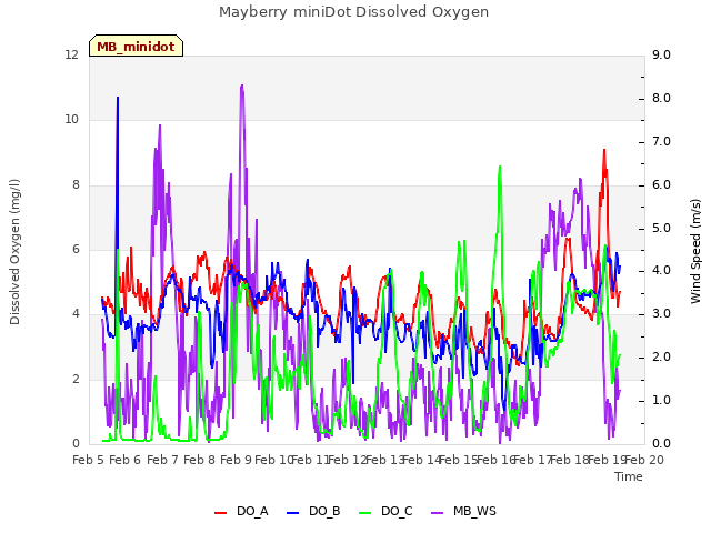 plot of Mayberry miniDot Dissolved Oxygen