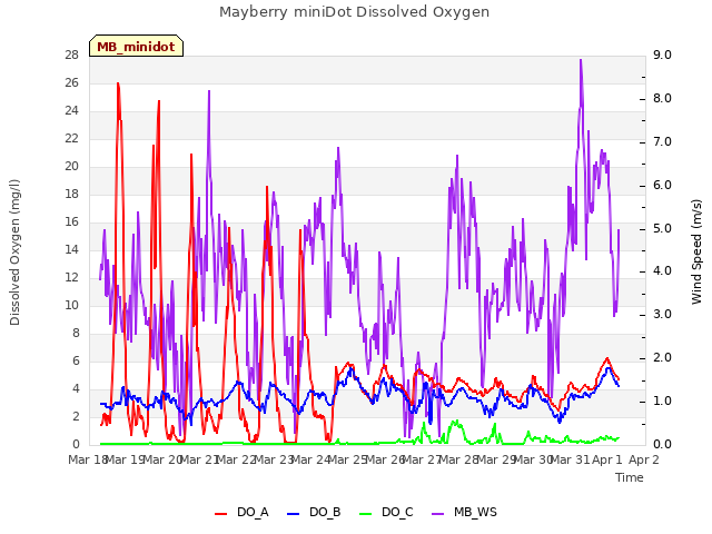 plot of Mayberry miniDot Dissolved Oxygen