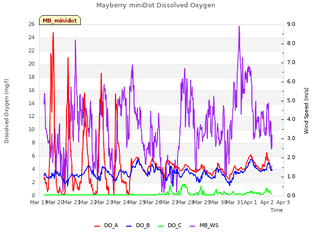 plot of Mayberry miniDot Dissolved Oxygen