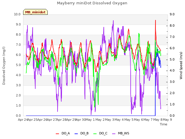 plot of Mayberry miniDot Dissolved Oxygen