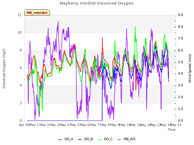 plot of Mayberry miniDot Dissolved Oxygen