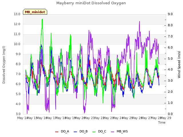 plot of Mayberry miniDot Dissolved Oxygen