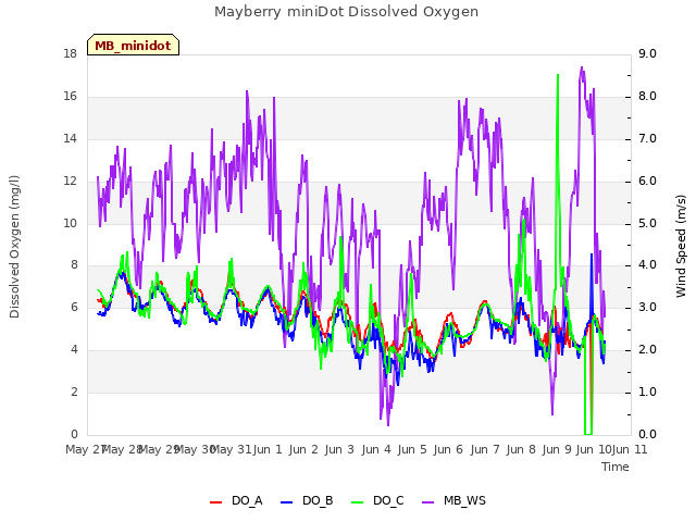 plot of Mayberry miniDot Dissolved Oxygen