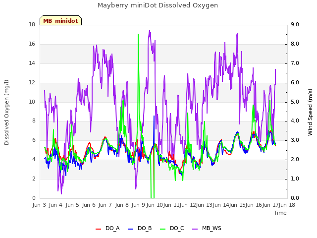 plot of Mayberry miniDot Dissolved Oxygen