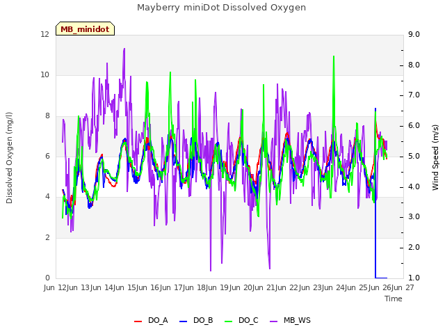 plot of Mayberry miniDot Dissolved Oxygen