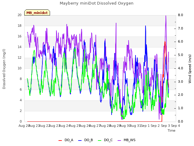 plot of Mayberry miniDot Dissolved Oxygen