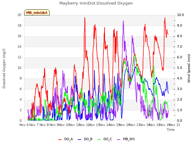 plot of Mayberry miniDot Dissolved Oxygen