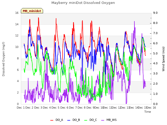 plot of Mayberry miniDot Dissolved Oxygen