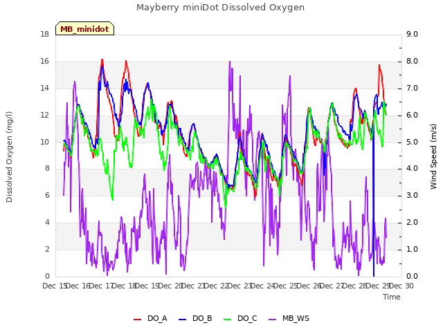 plot of Mayberry miniDot Dissolved Oxygen