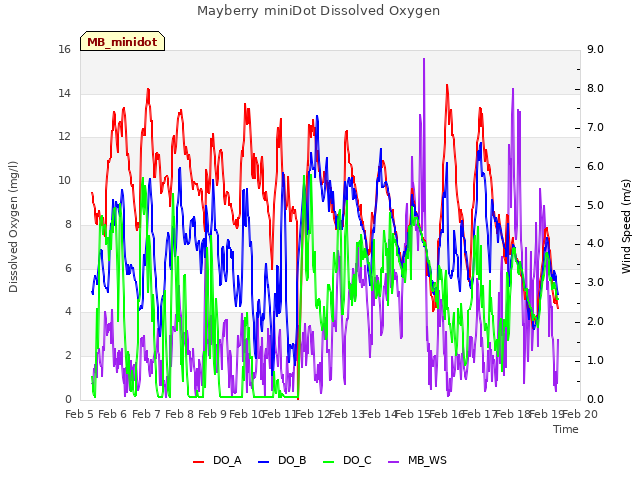 plot of Mayberry miniDot Dissolved Oxygen