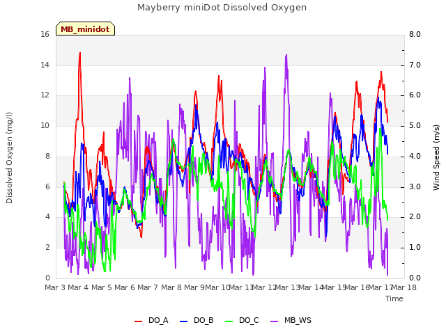 plot of Mayberry miniDot Dissolved Oxygen