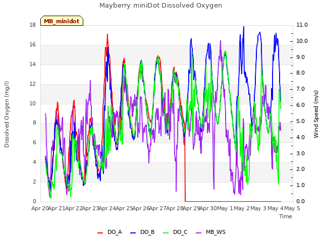 plot of Mayberry miniDot Dissolved Oxygen