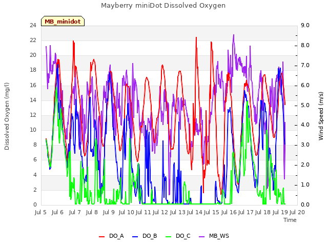 plot of Mayberry miniDot Dissolved Oxygen