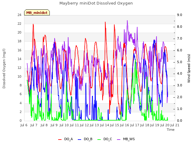 plot of Mayberry miniDot Dissolved Oxygen