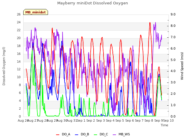 plot of Mayberry miniDot Dissolved Oxygen