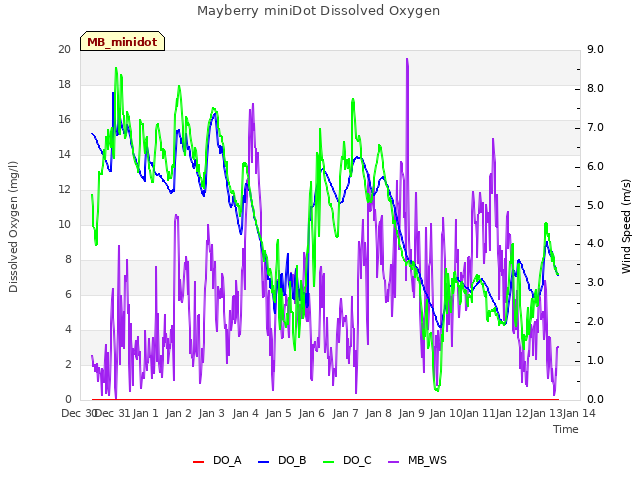 plot of Mayberry miniDot Dissolved Oxygen