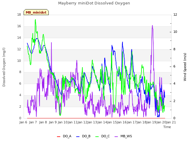 plot of Mayberry miniDot Dissolved Oxygen