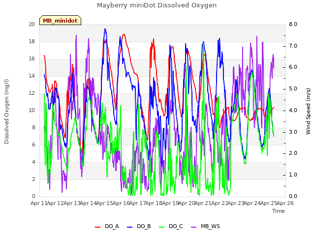 plot of Mayberry miniDot Dissolved Oxygen