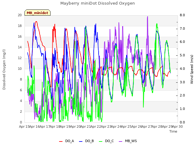 plot of Mayberry miniDot Dissolved Oxygen