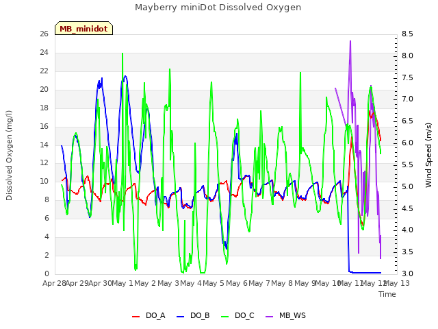 plot of Mayberry miniDot Dissolved Oxygen