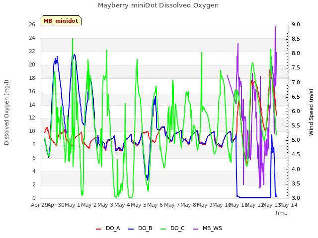 plot of Mayberry miniDot Dissolved Oxygen