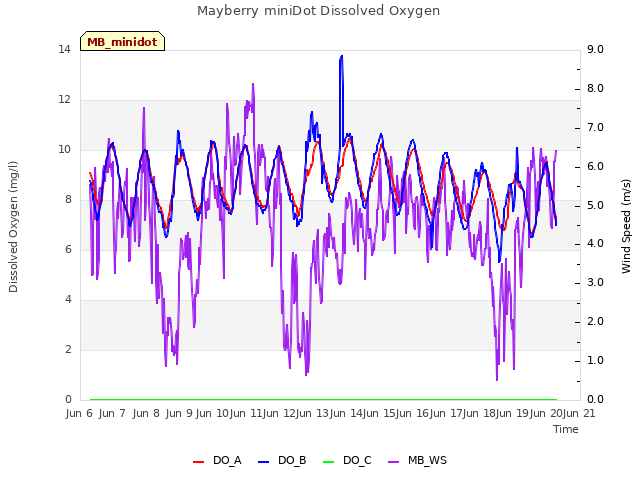 plot of Mayberry miniDot Dissolved Oxygen