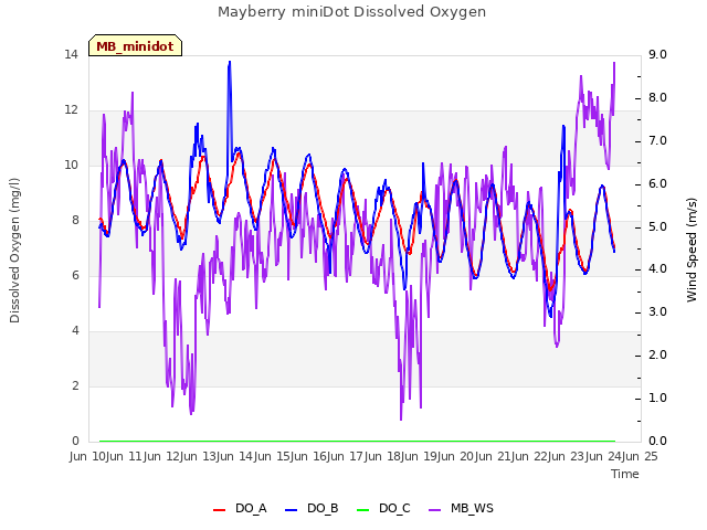 plot of Mayberry miniDot Dissolved Oxygen