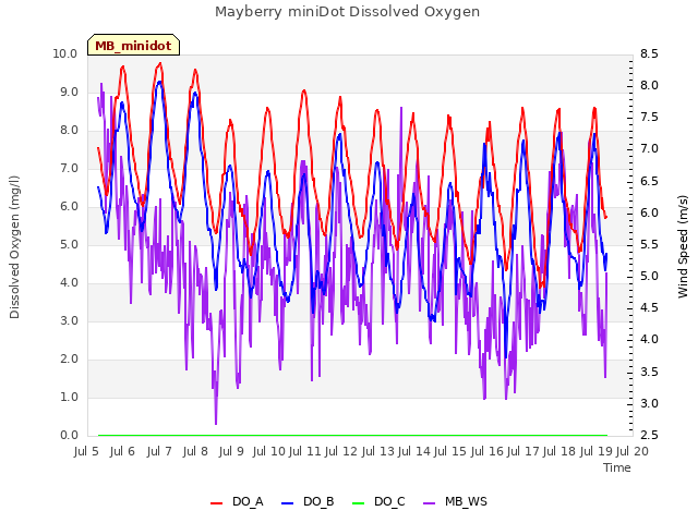 plot of Mayberry miniDot Dissolved Oxygen