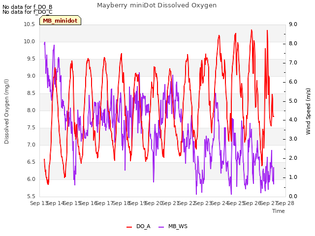 plot of Mayberry miniDot Dissolved Oxygen