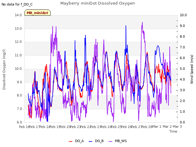 plot of Mayberry miniDot Dissolved Oxygen