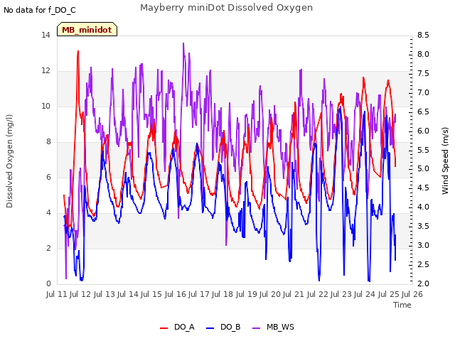 plot of Mayberry miniDot Dissolved Oxygen