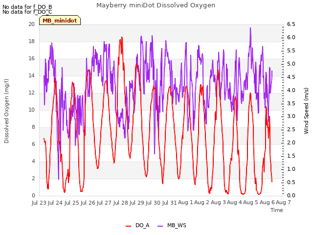 plot of Mayberry miniDot Dissolved Oxygen