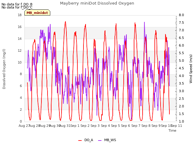 plot of Mayberry miniDot Dissolved Oxygen